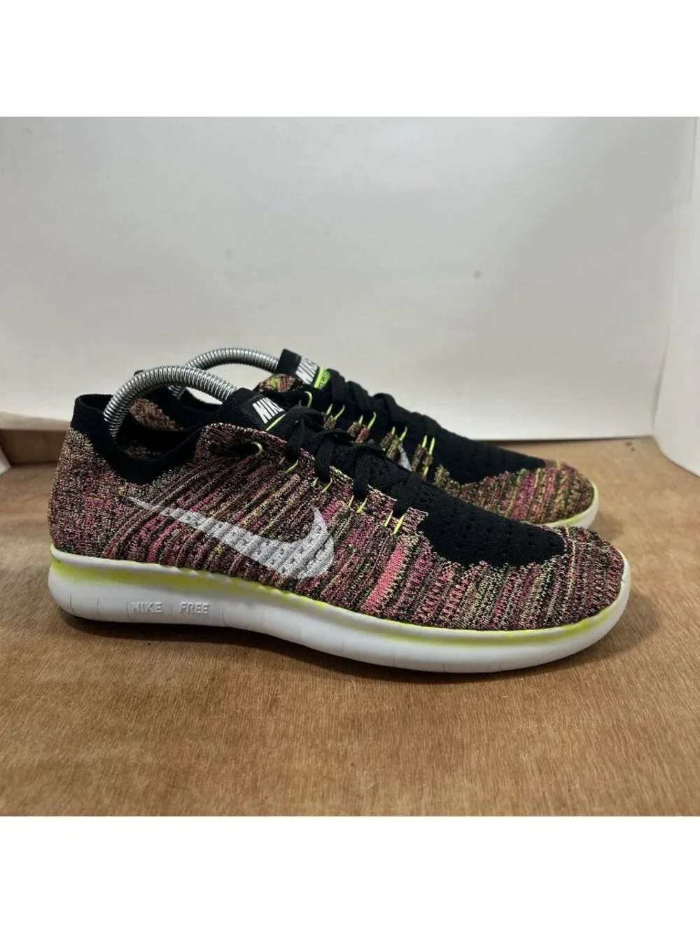 Nike Free RN Flyknit Running Shoes Size 10 Black Neon Green Pink 843431-999